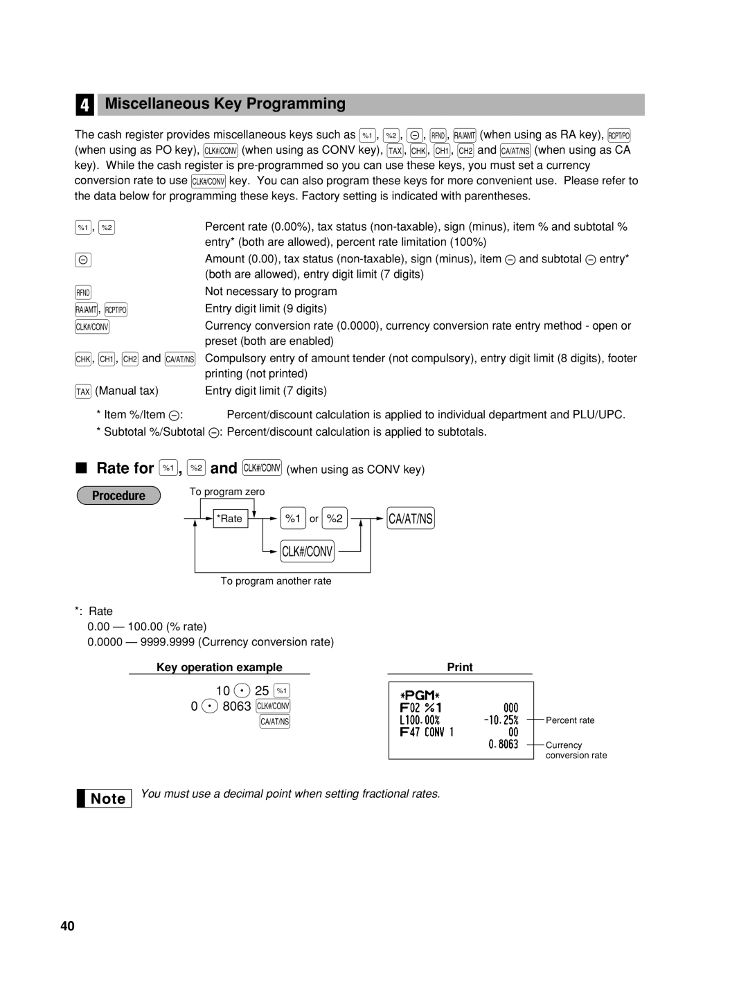 Sharp XE-A42S instruction manual q, R, Miscellaneous Key Programming, 10 P 25 % 0 P 8063 K, Key operation example, Print 