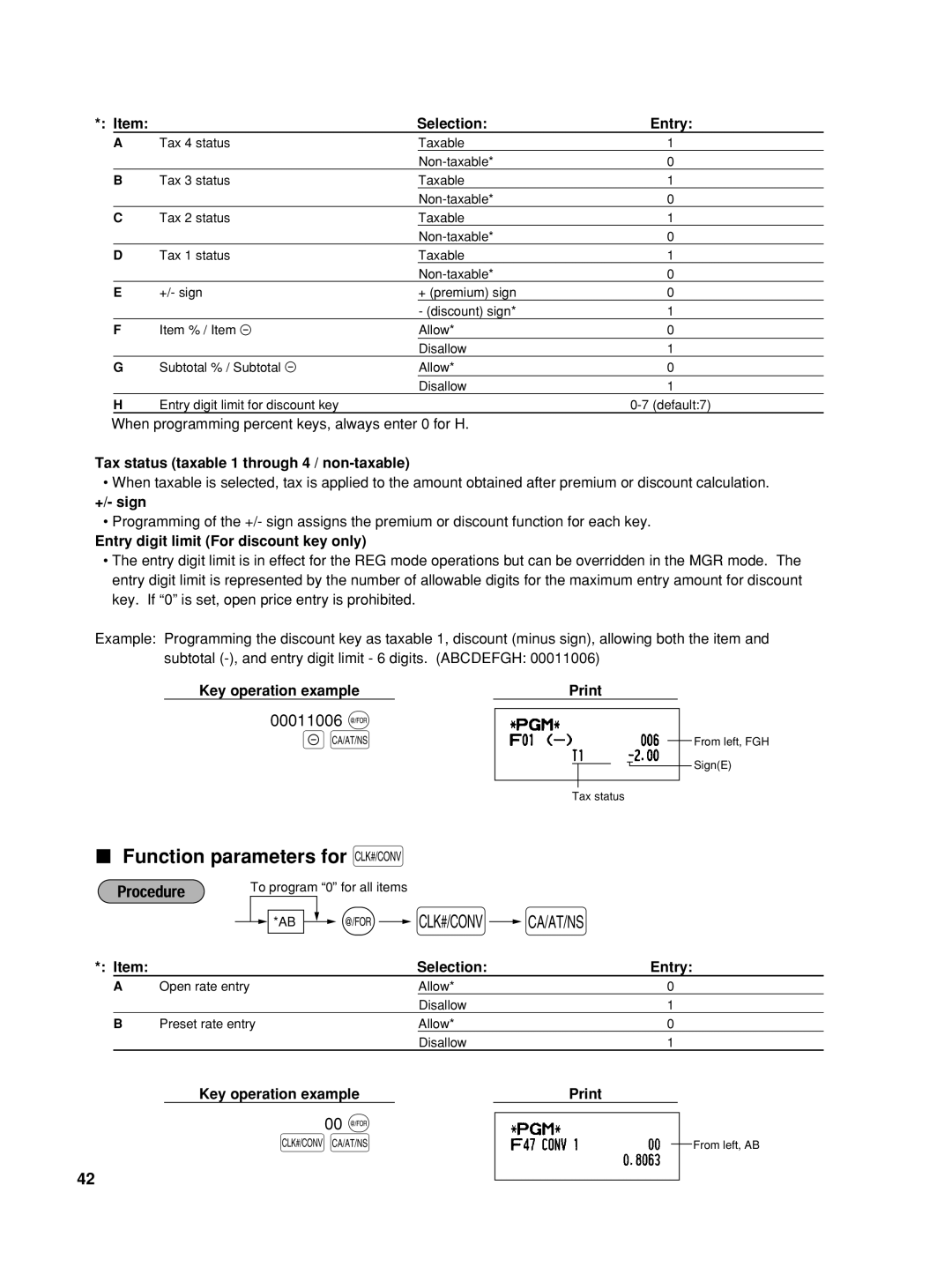 Sharp XE-A42S Function parameters for K, Selection, Entry, Tax status taxable 1 through 4 / non-taxable, +/- sign, Print 