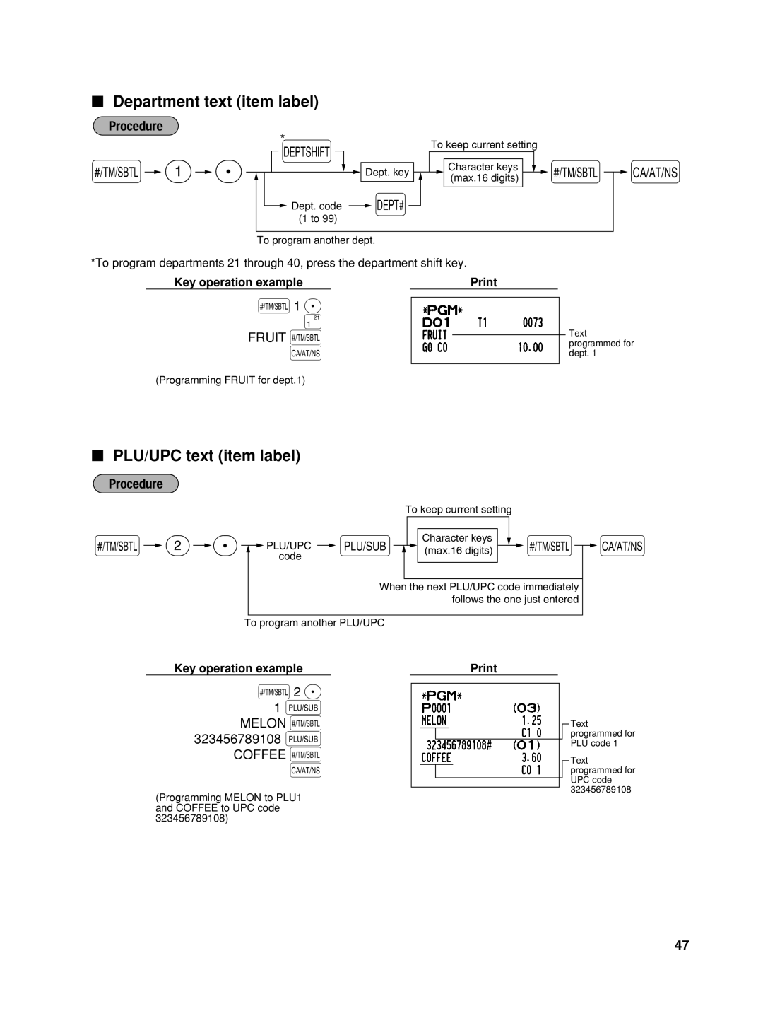 Sharp XE-A42S s 1 P, s2 P, Department text item label, PLU/UPC text item label, Key operation example, Print 