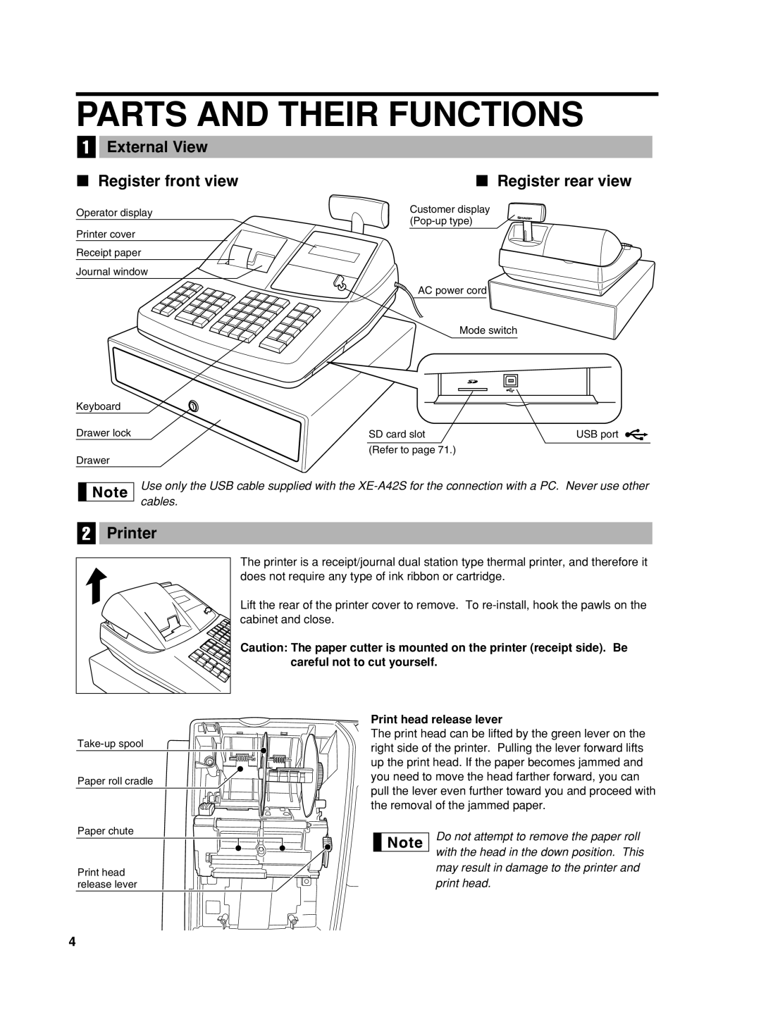 Sharp XE-A42S instruction manual Parts And Their Functions, External View, Register front view, Register rear view, Printer 