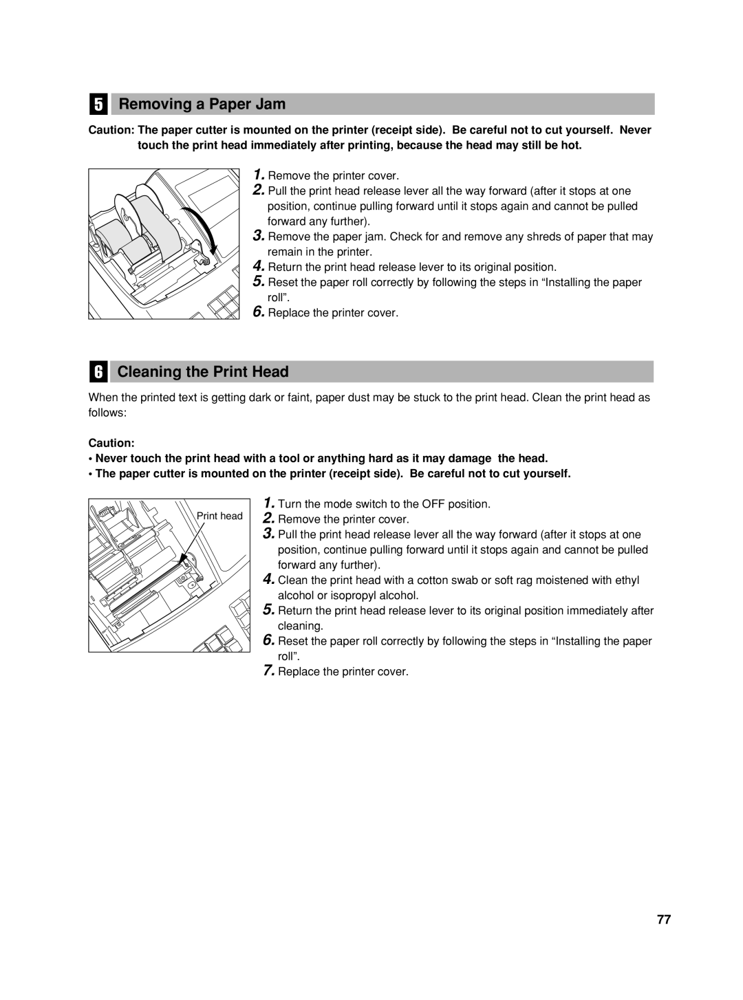 Sharp XE-A42S instruction manual Removing a Paper Jam, Cleaning the Print Head, Print head 