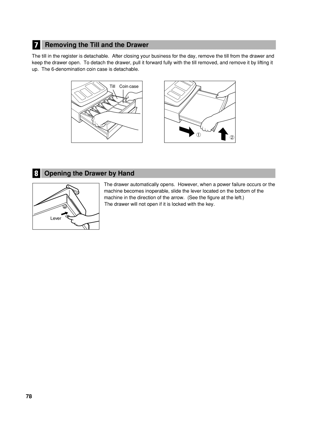 Sharp XE-A42S instruction manual Removing the Till and the Drawer, Opening the Drawer by Hand 