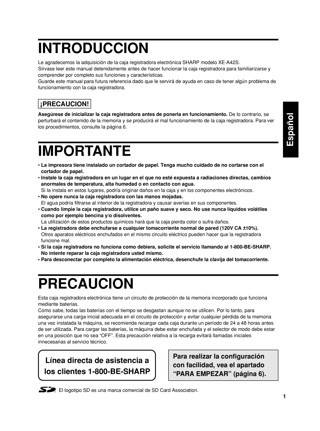 Sharp XE-A42S instruction manual Introduccion, Importante, English Español, Línea directa de asistencia a, ¡Precaucion 