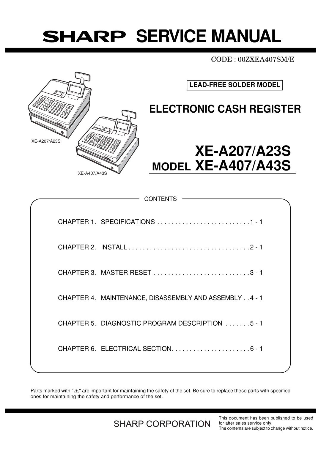 Sharp XEA407, XE-A43S service manual XE-A207/A23S XE-A407/A43S, Specifications Install Master Reset, Electrical Section 