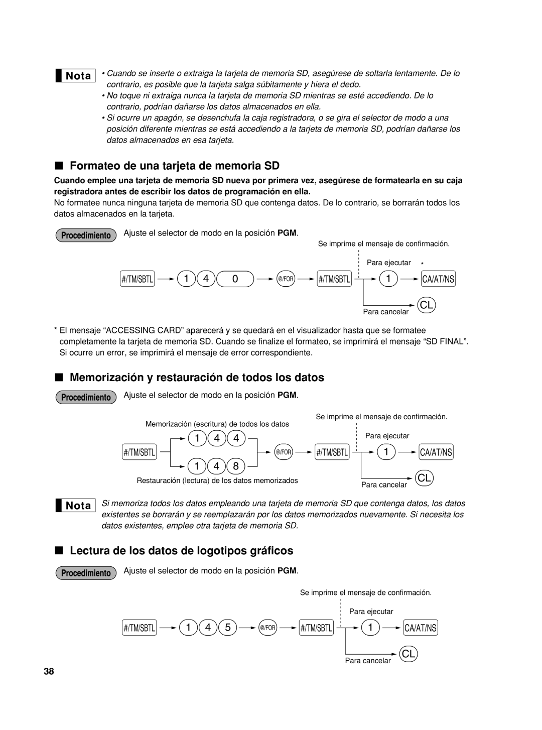 Sharp XE-A506 instruction manual Formateo de una tarjeta de memoria SD, Memorización y restauración de todos los datos 