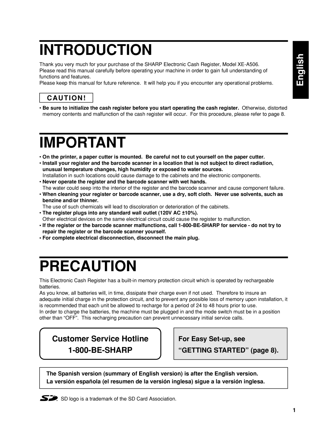 Sharp XE-A506 instruction manual Introduction, Precaution, U T I O N, For Easy Set-up, see Getting Started 