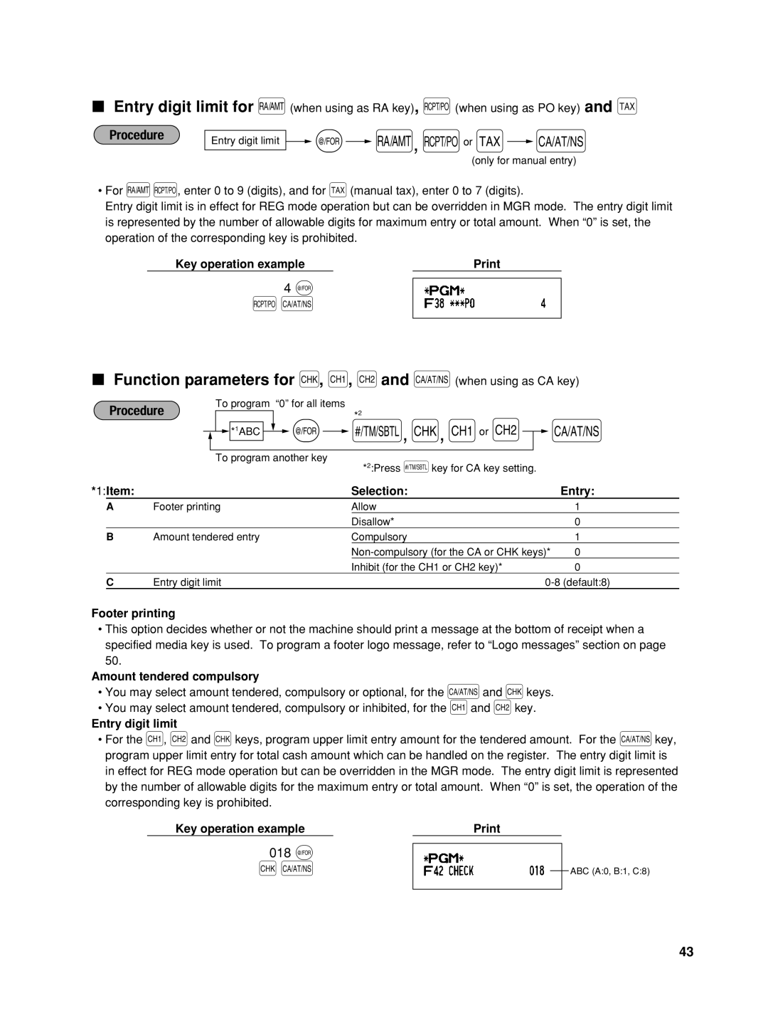 Sharp XE-A506 Function parameters for C, X, Y and a when using as CA key, 018 @, 1Item Selection Entry, Footer printing 