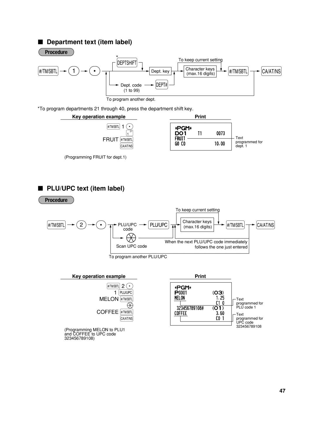 Sharp XE-A506 instruction manual S2 P, Department text item label, PLU/UPC text item label, Fruit s, Melon s Coffee s 