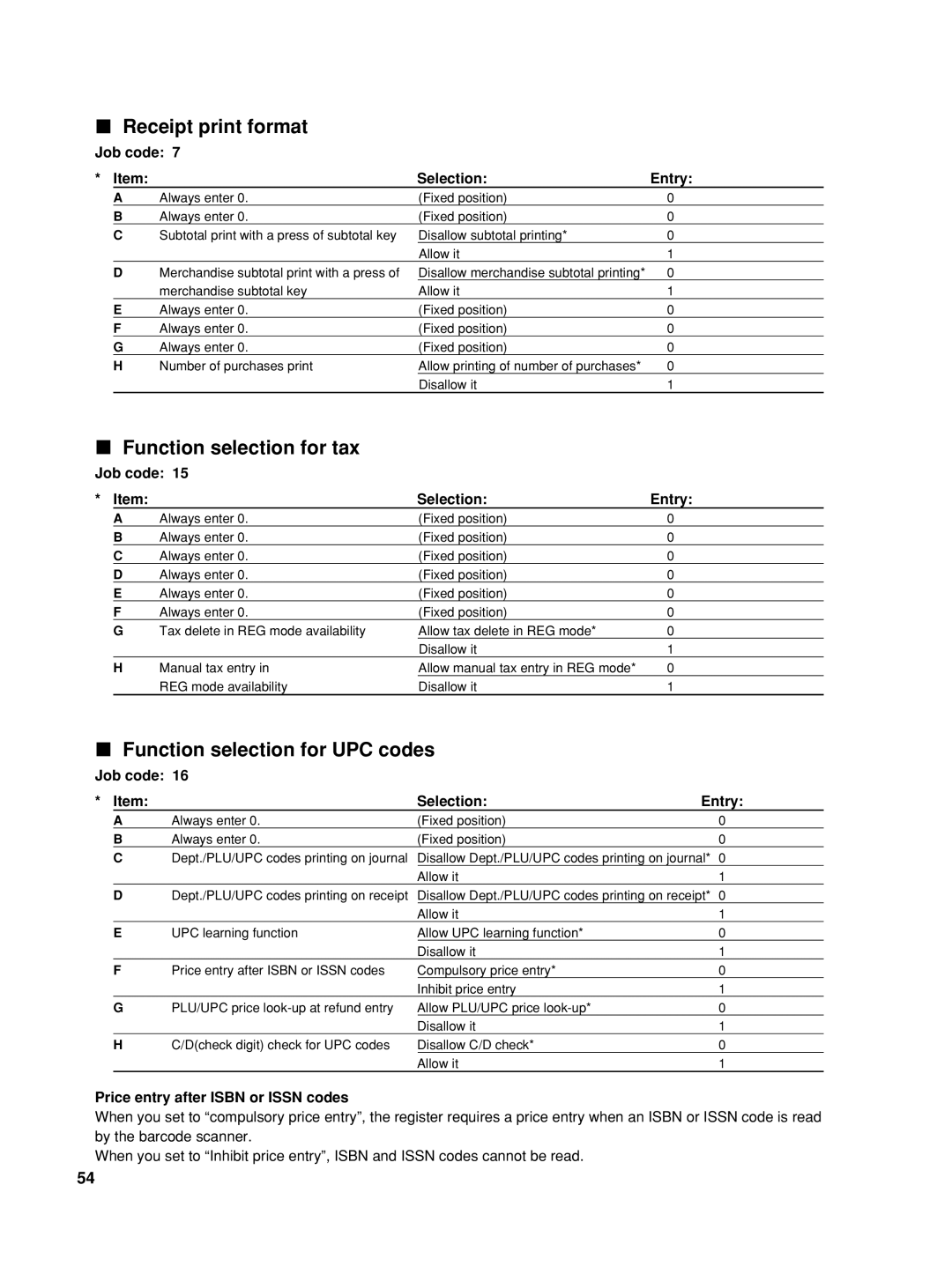 Sharp XE-A506 instruction manual Receipt print format, Function selection for tax, Function selection for UPC codes 