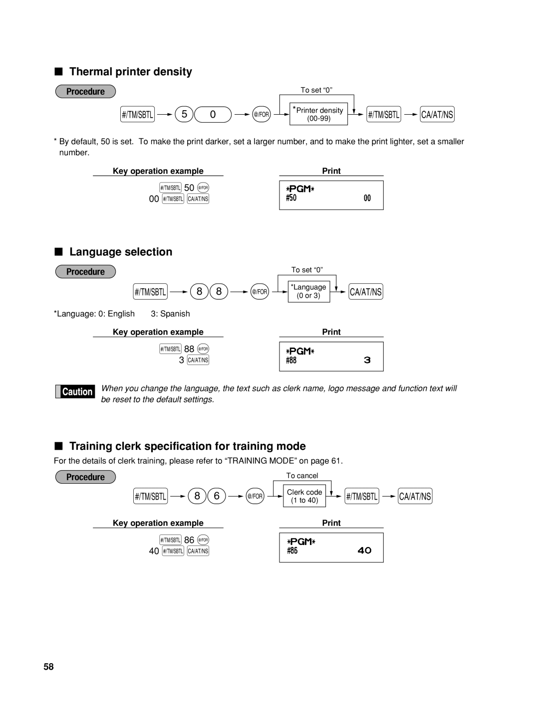 Sharp XE-A506 Thermal printer density, Language selection, Training clerk specification for training mode 