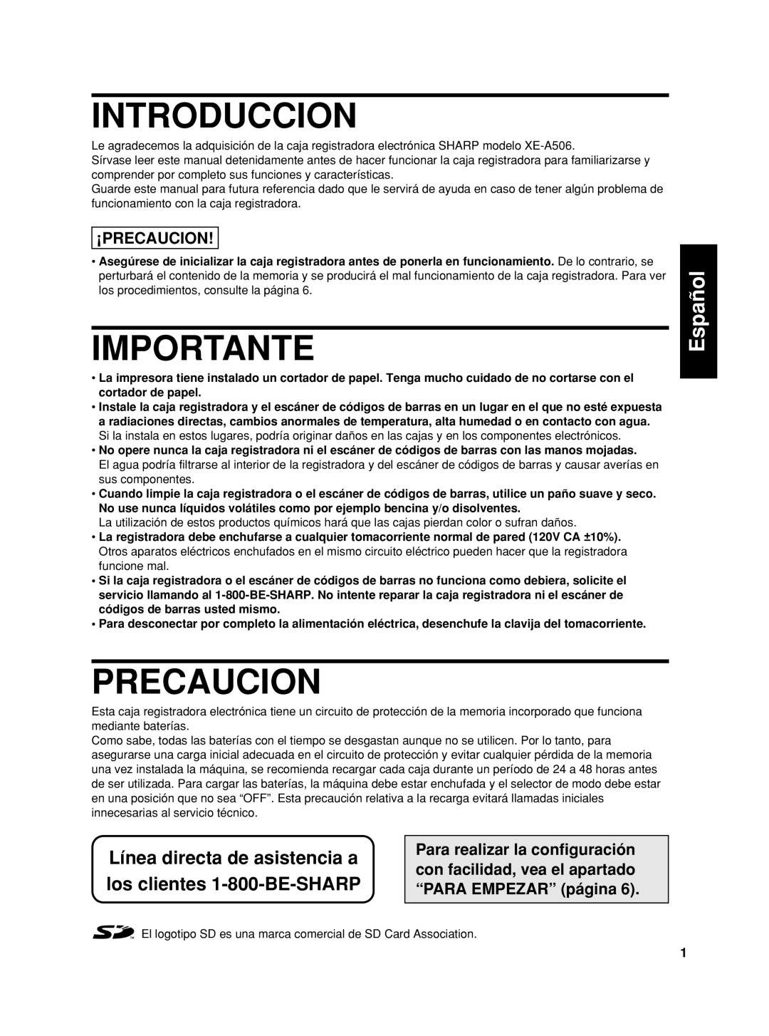 Sharp XE-A506 instruction manual Introduccion, Importante, Precaucion 