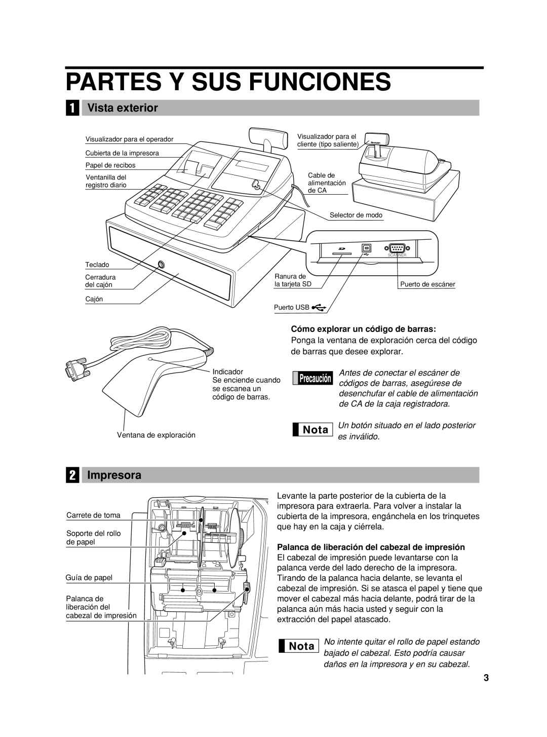 Sharp XE-A506 instruction manual Partes Y SUS Funciones, Vista exterior, Impresora, Cómo explorar un código de barras 