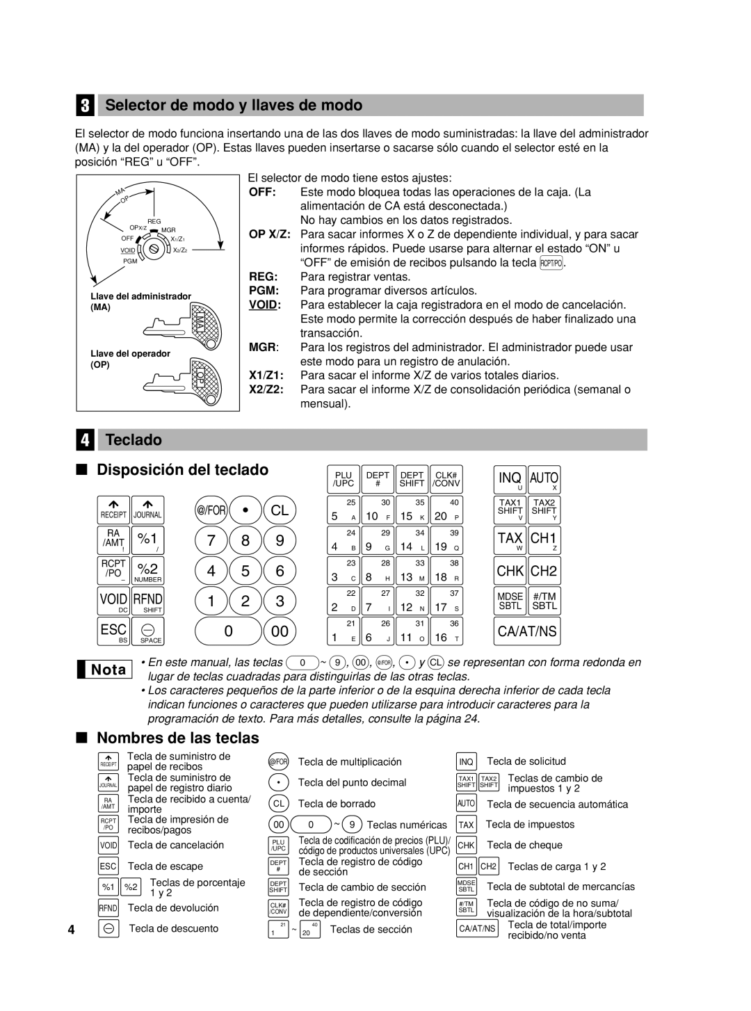 Sharp XE-A506 instruction manual Selector de modo y llaves de modo, Teclado, Disposición del teclado, Nombres de las teclas 