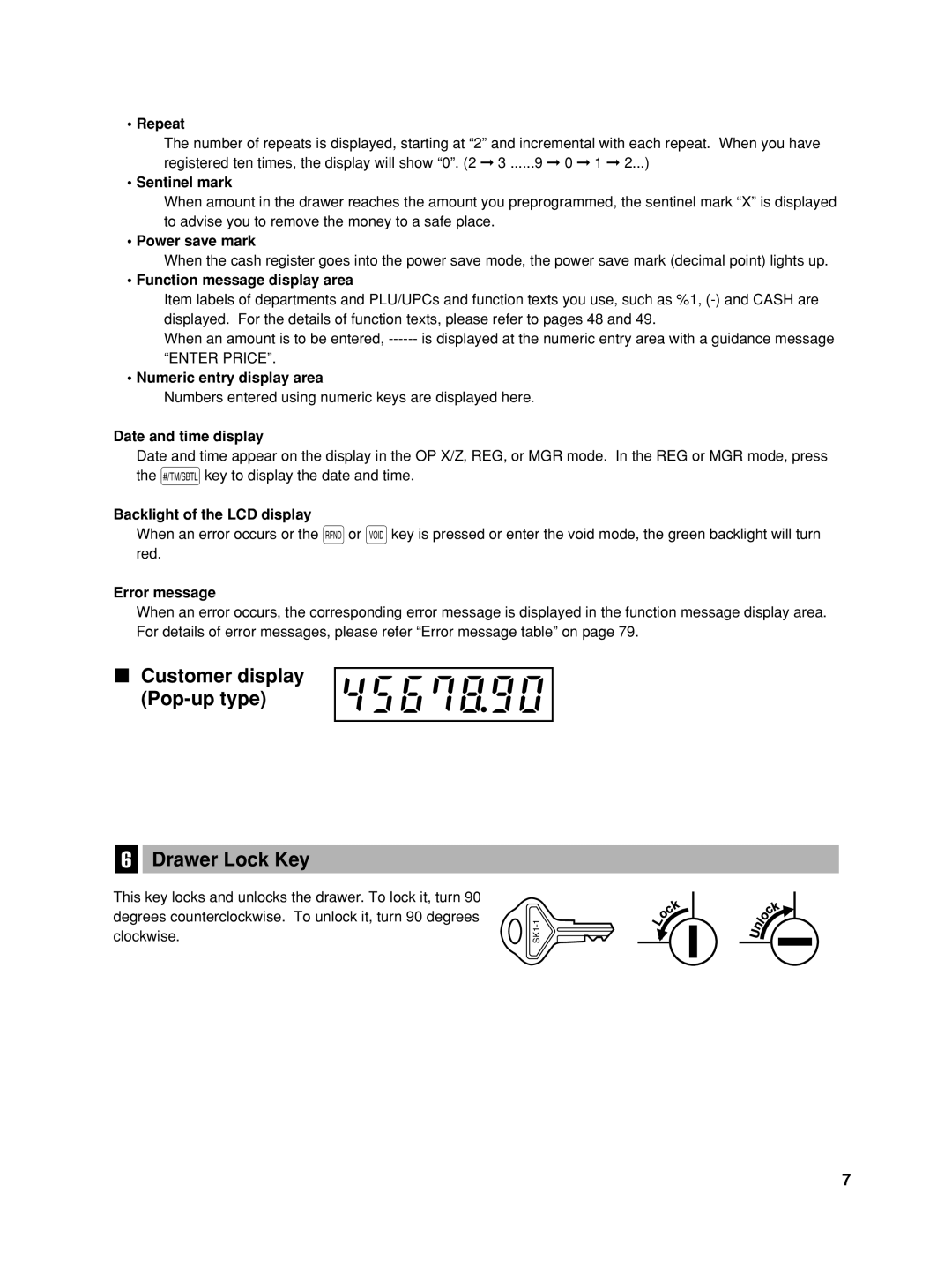 Sharp XE-A506 instruction manual Customer display Pop-up type Drawer Lock Key 