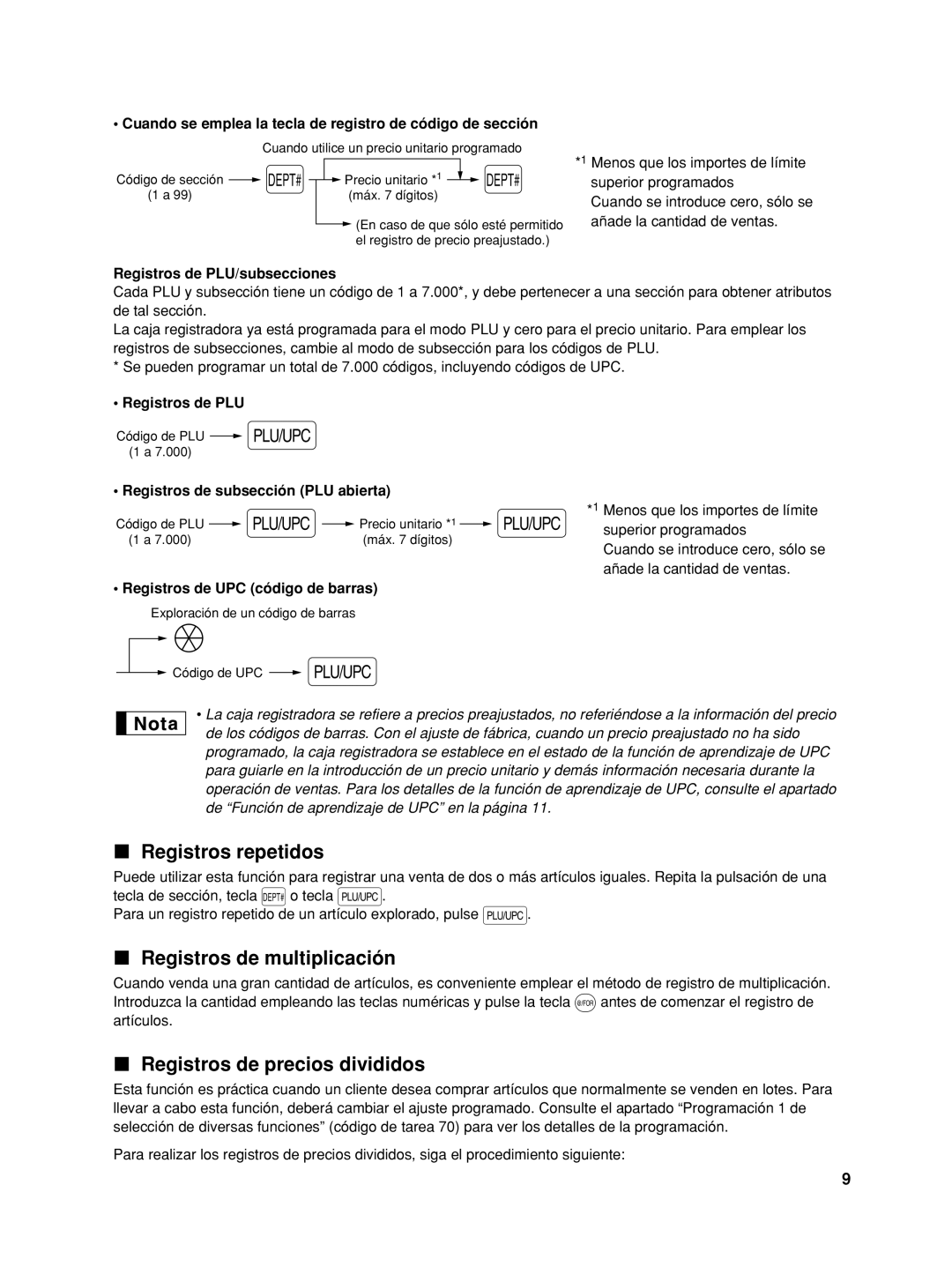 Sharp XE-A506 instruction manual Registros repetidos, Registros de multiplicación, Registros de precios divididos 