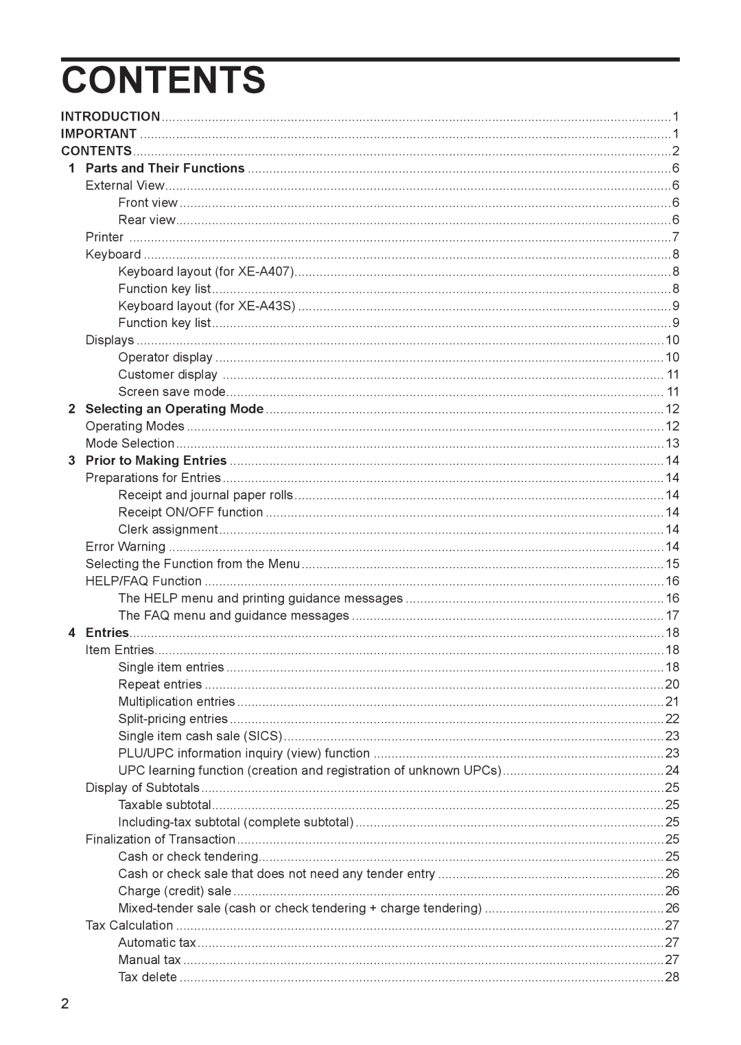 Sharp XEA407 instruction manual Contents 