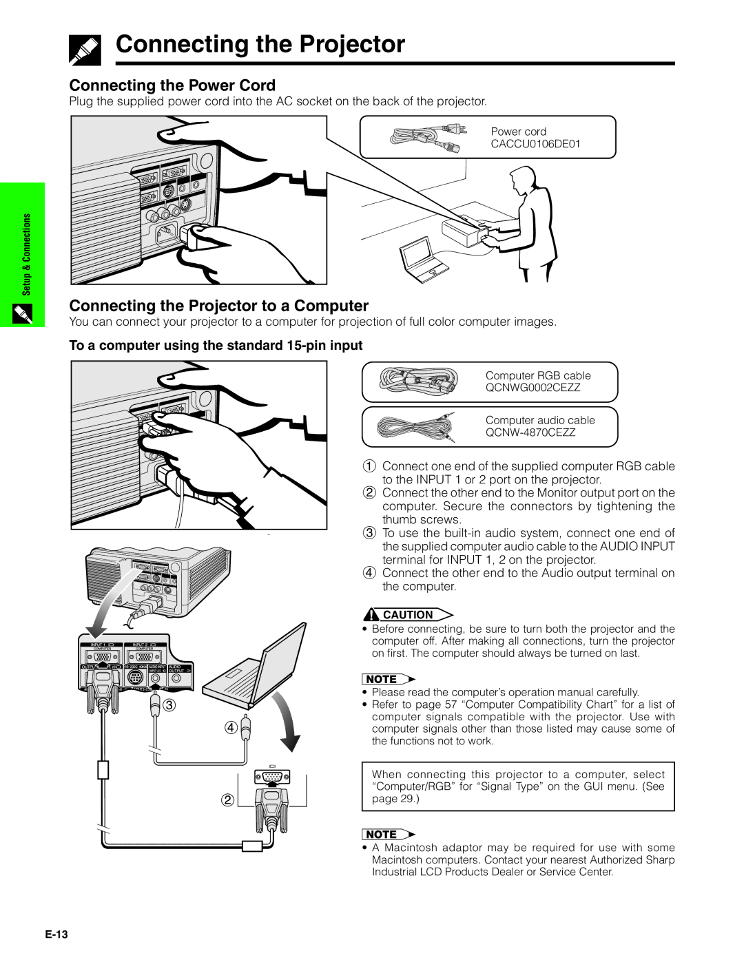 Sharp XG-C40XU operation manual Connecting the Power Cord, Connecting the Projector to a Computer 