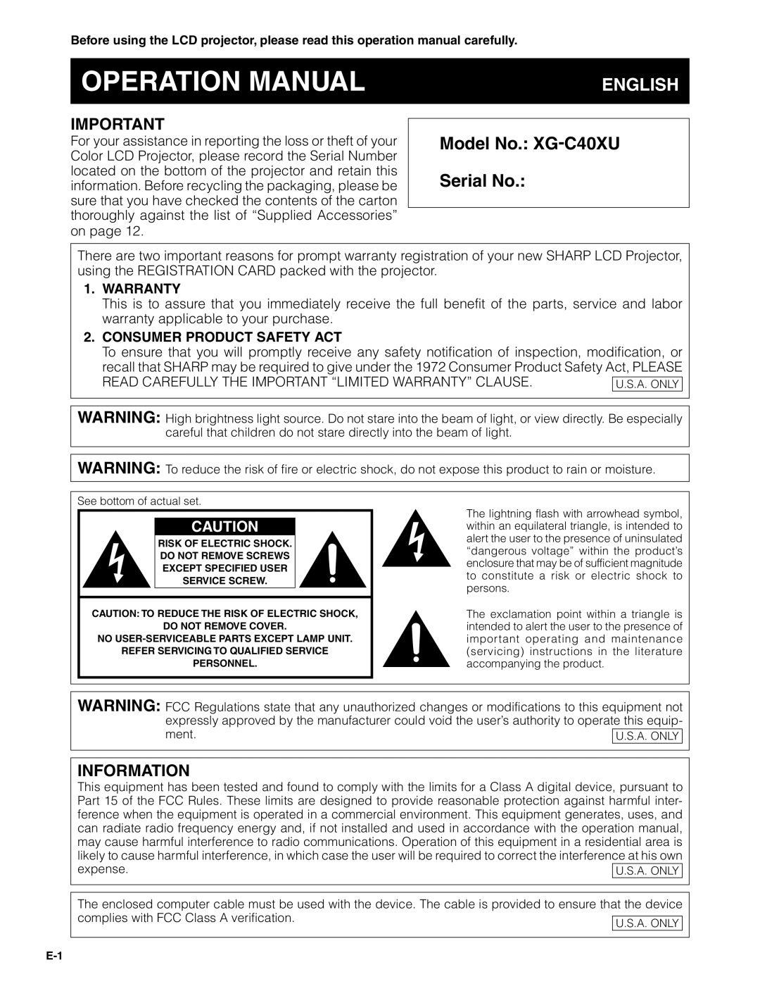 Sharp XG-C40XU operation manual English 