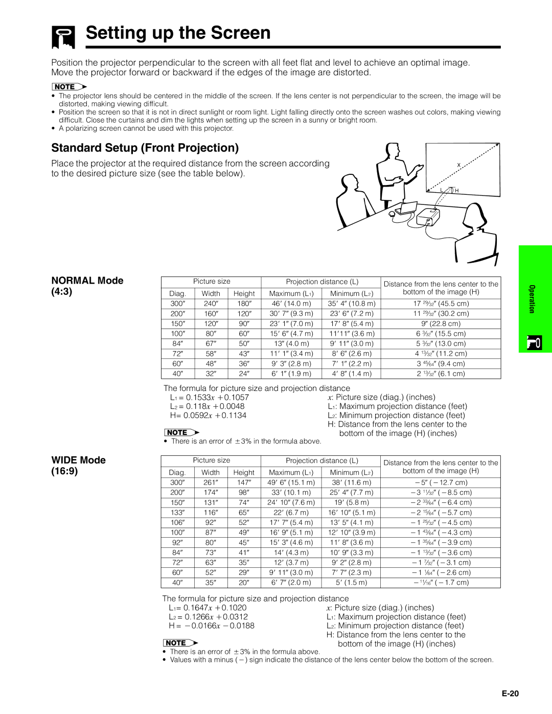 Sharp XG-C40XU operation manual Setting up the Screen, Standard Setup Front Projection, Normal Mode Wide Mode 