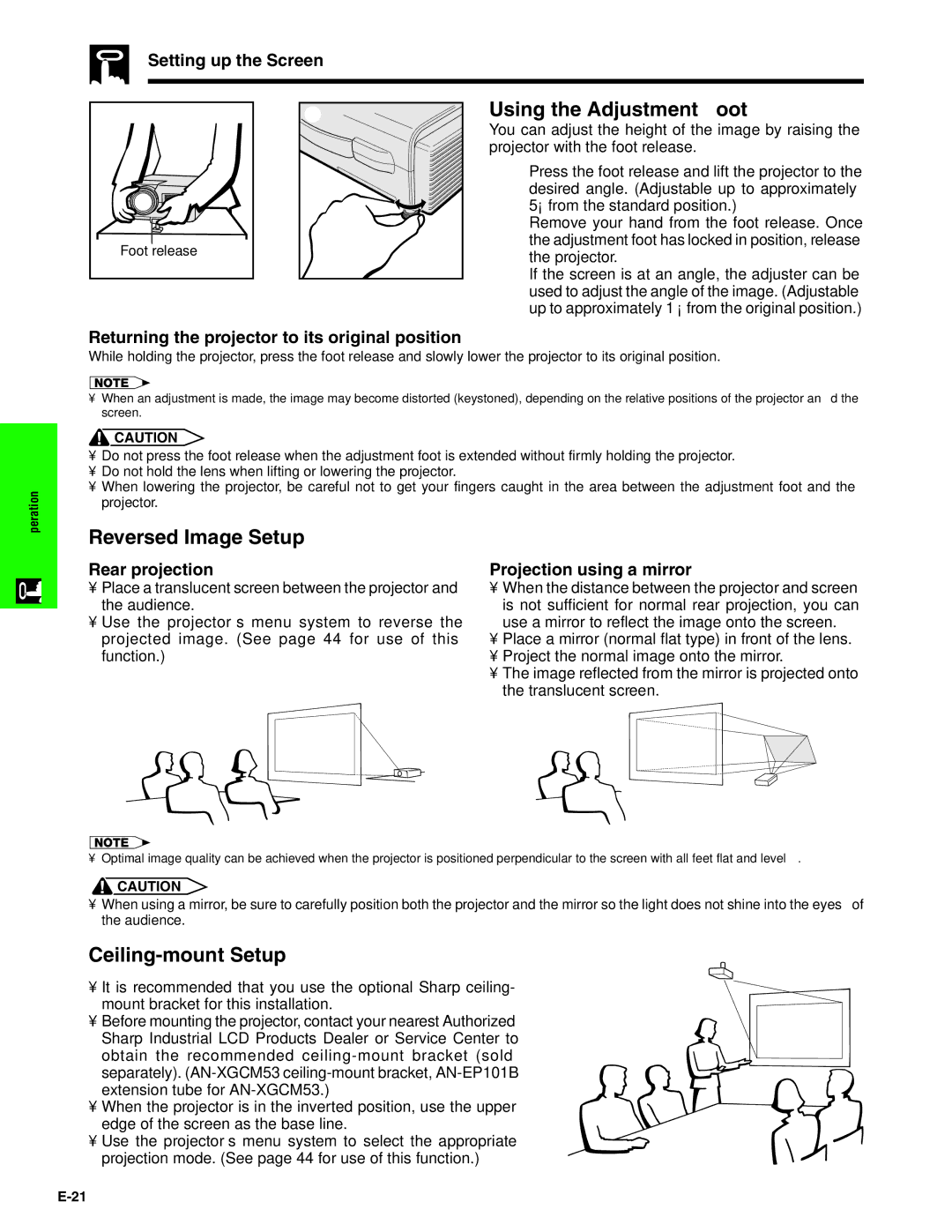 Sharp XG-C40XU operation manual Using the Adjustment Foot, Reversed Image Setup, Ceiling-mount Setup 