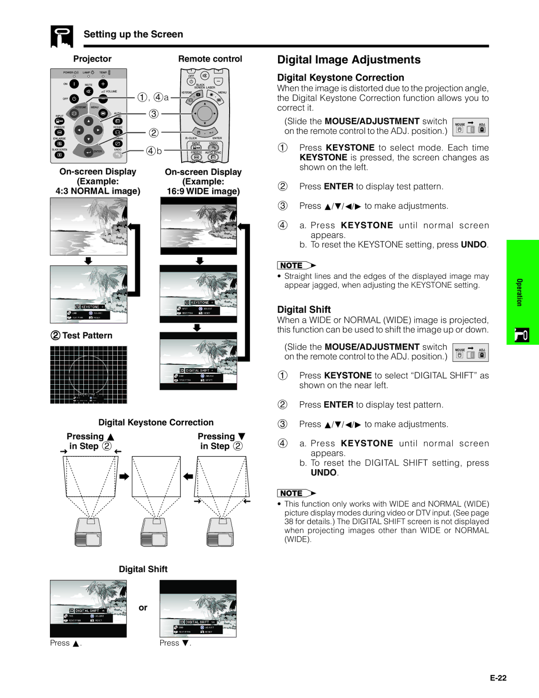 Sharp XG-C40XU operation manual Digital Image Adjustments, Digital Keystone Correction, Digital Shift 