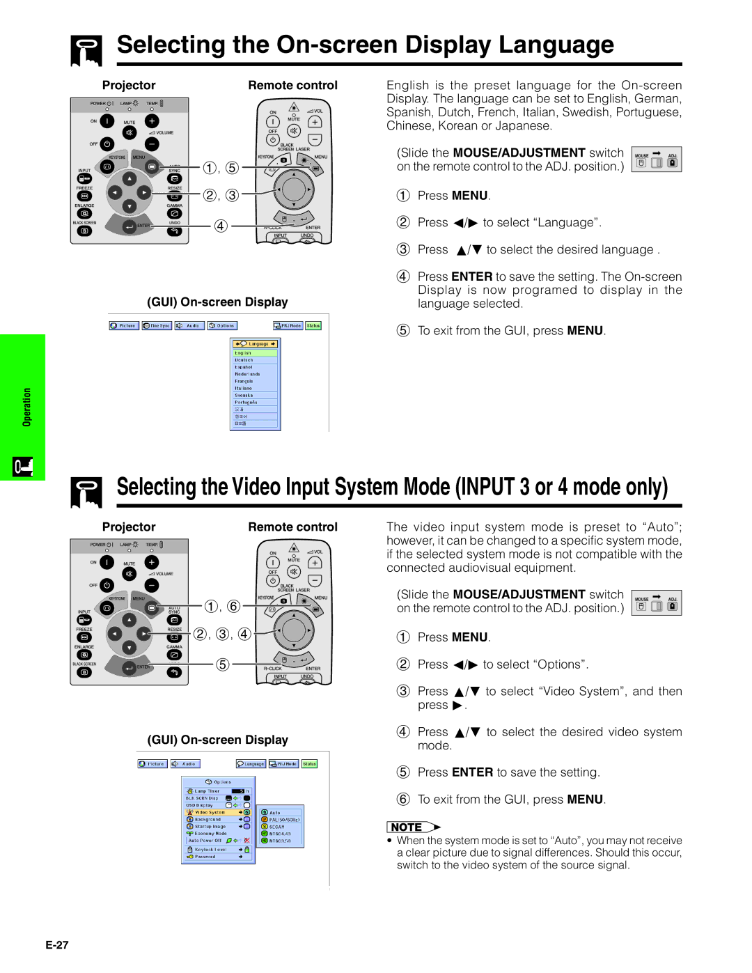 Sharp XG-C40XU operation manual Selecting the On-screen Display Language, Projector Remote control GUI On-screen Display 