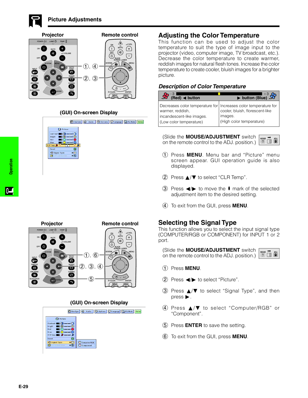 Sharp XG-C40XU operation manual Adjusting the Color Temperature, Selecting the Signal Type, Picture Adjustments 