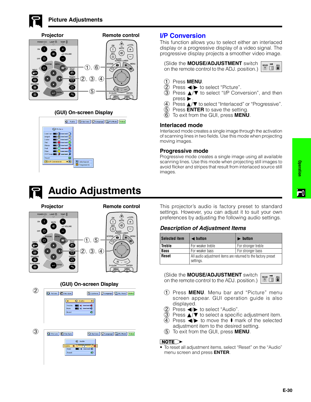 Sharp XG-C40XU operation manual Audio Adjustments, Interlaced mode, Progressive mode 