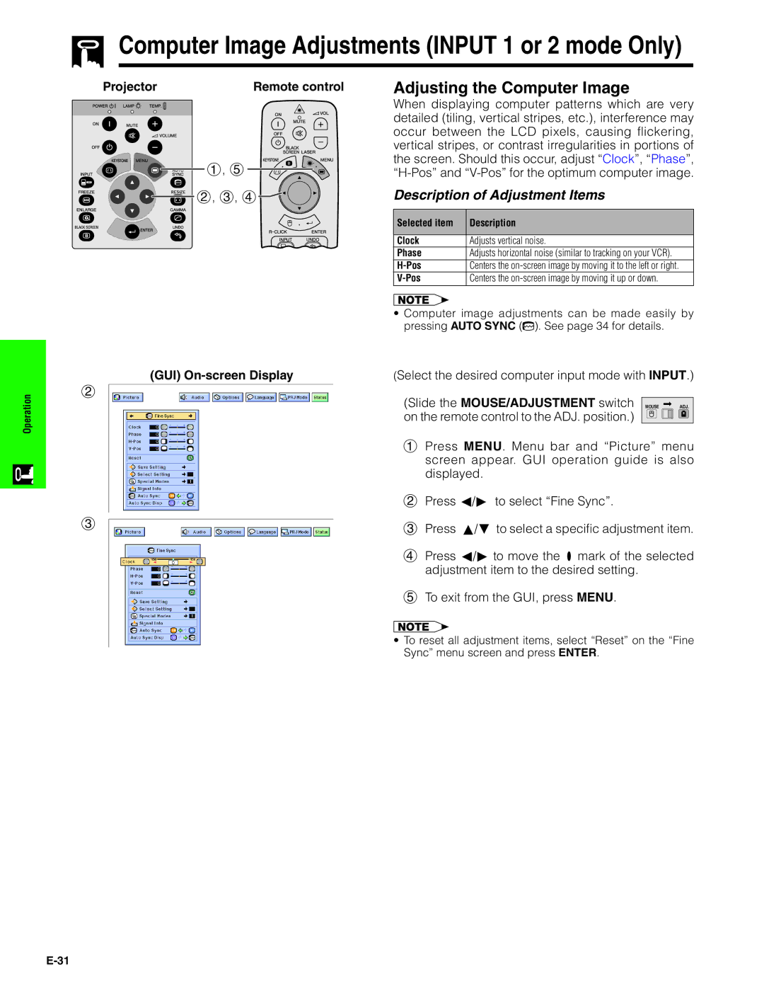 Sharp XG-C40XU operation manual Computer Image Adjustments Input 1 or 2 mode Only, Adjusting the Computer Image 