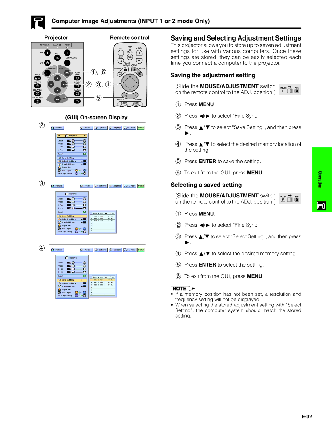 Sharp XG-C40XU Computer Image Adjustments Input 1 or 2 mode Only, Saving the adjustment setting, Selecting a saved setting 