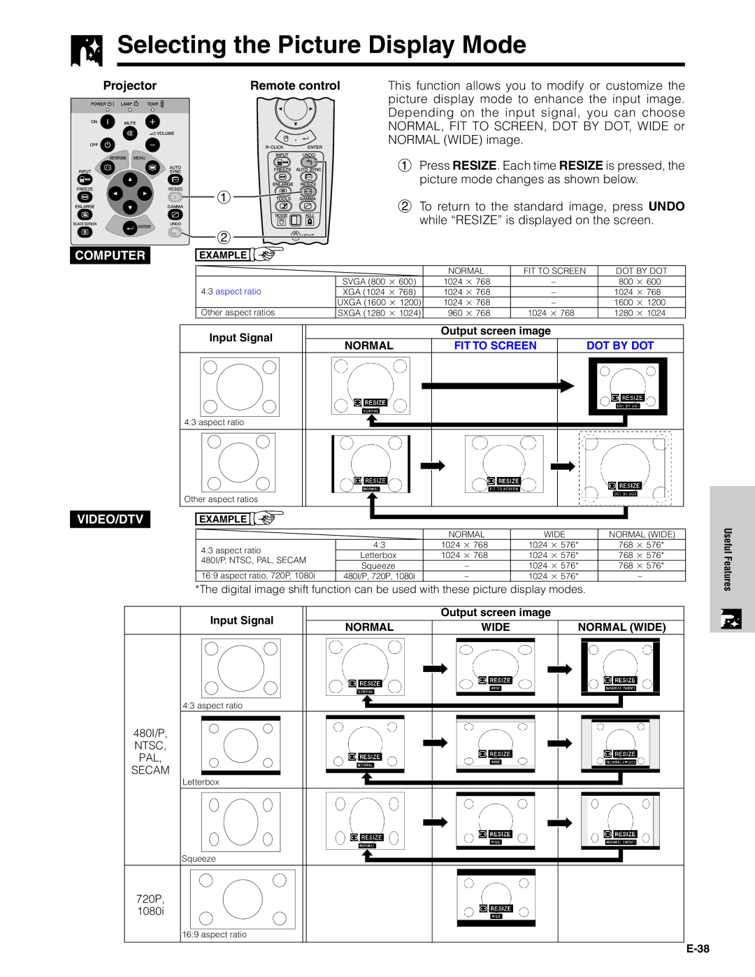 Sharp XG-C40XU operation manual Selecting the Picture Display Mode, Computer 