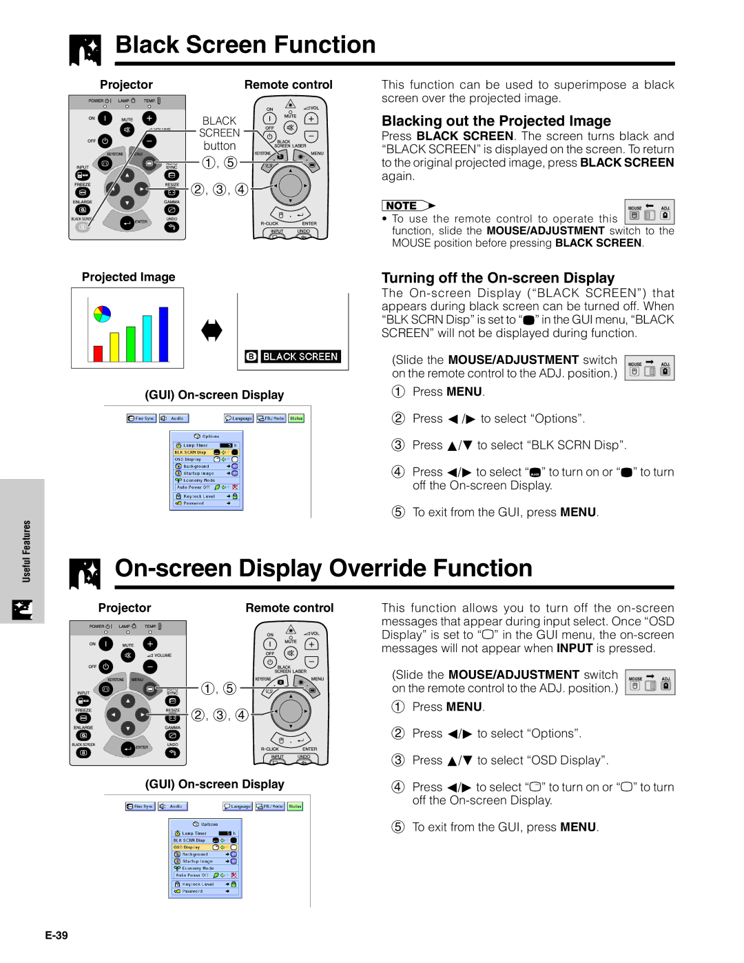 Sharp XG-C40XU Black Screen Function, On-screen Display Override Function, Projected Image GUI On-screen Display 