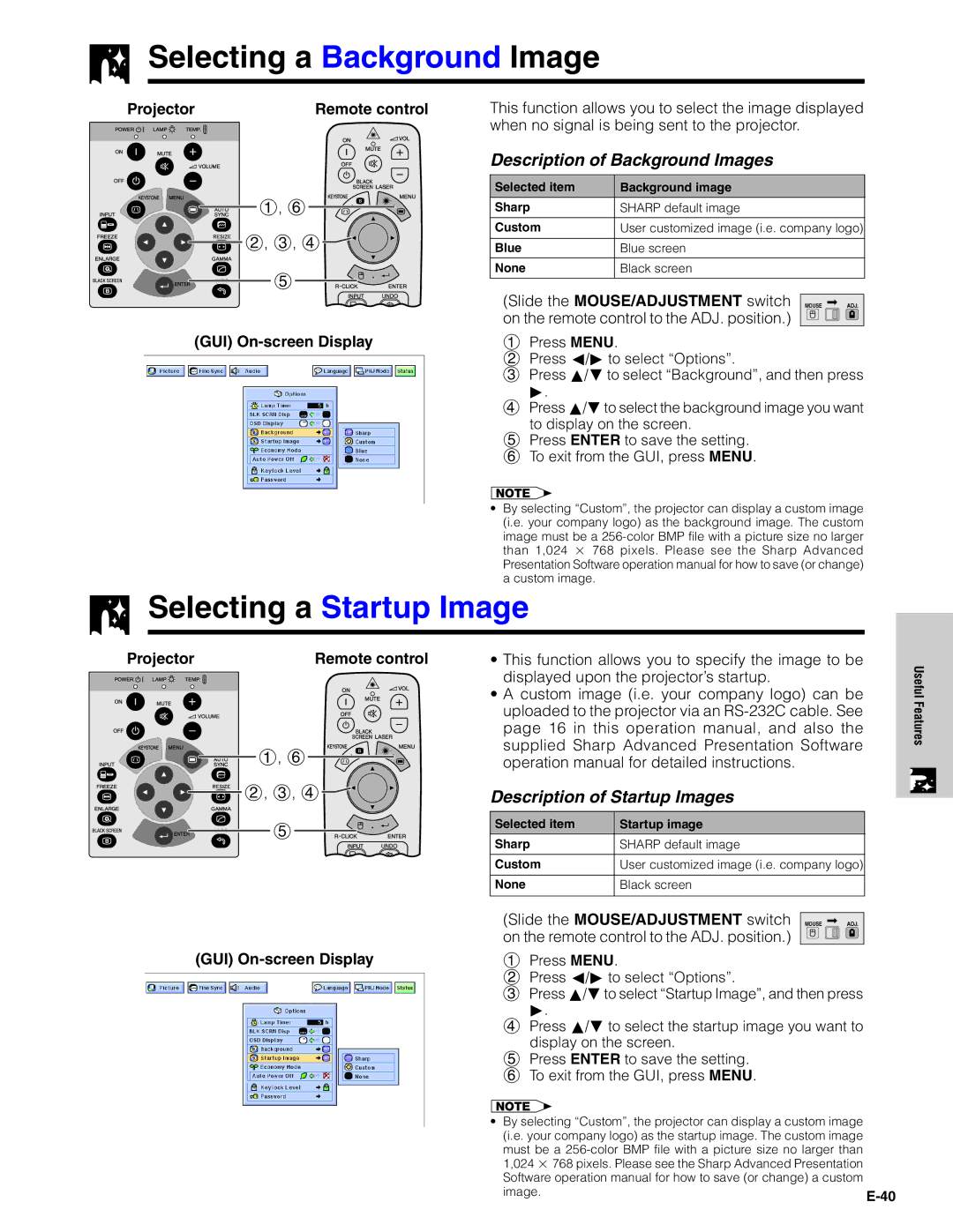 Sharp XG-C40XU operation manual Selecting a Background Image, Selecting a Startup Image, Description of Background Images 