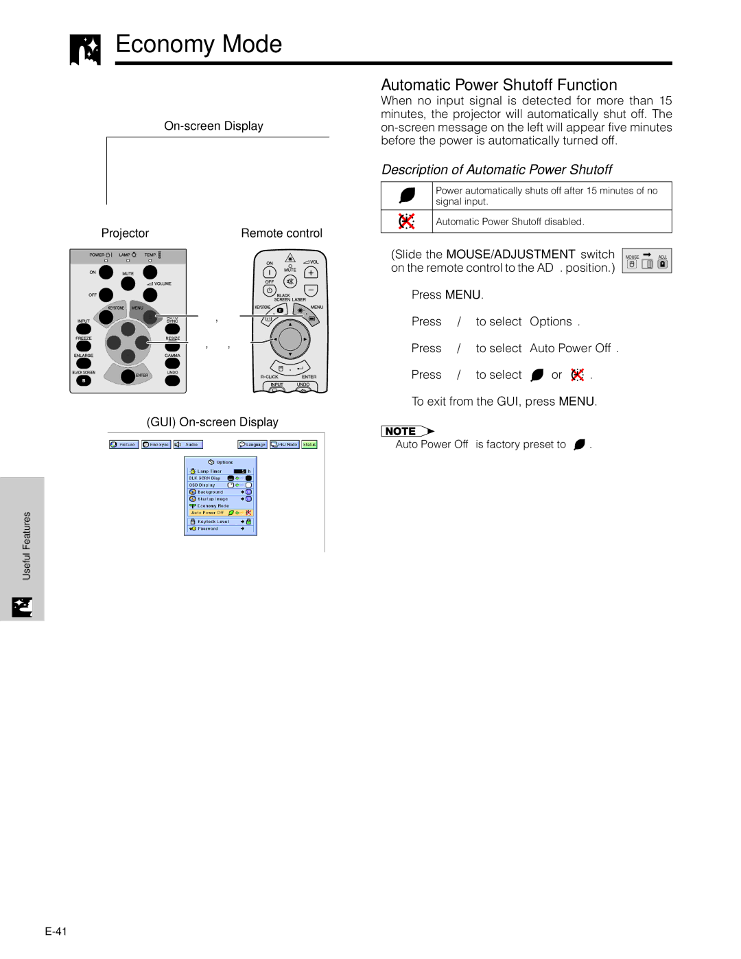 Sharp XG-C40XU operation manual Economy Mode, Automatic Power Shutoff Function, Description of Automatic Power Shutoff 