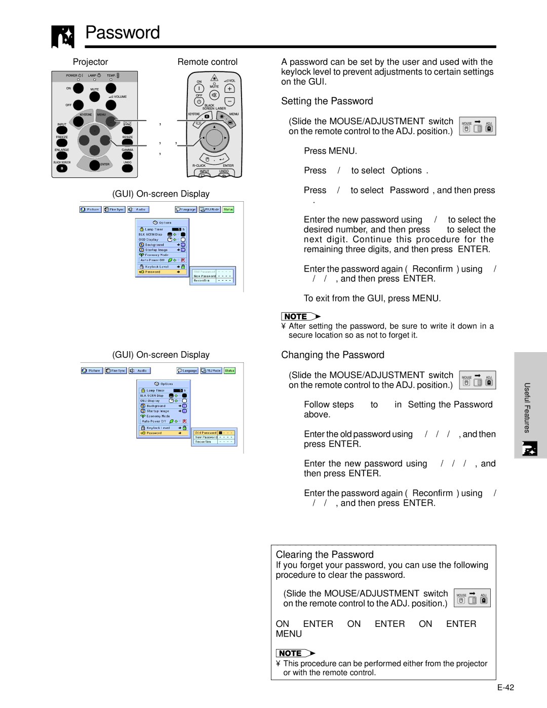 Sharp XG-C40XU operation manual Setting the Password, Changing the Password, Clearing the Password 