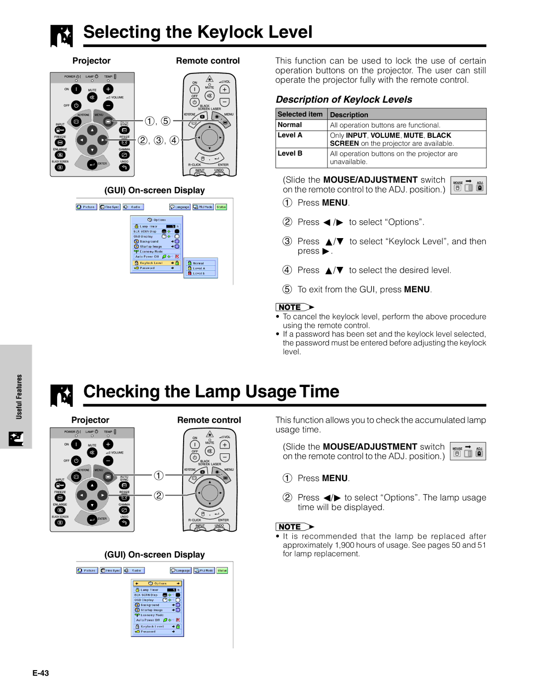 Sharp XG-C40XU operation manual Selecting the Keylock Level, Checking the Lamp Usage Time, Description of Keylock Levels 