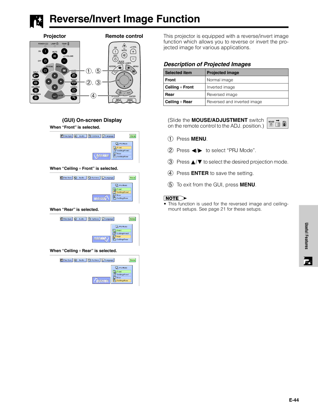 Sharp XG-C40XU operation manual Reverse/Invert Image Function, Description of Projected Images 