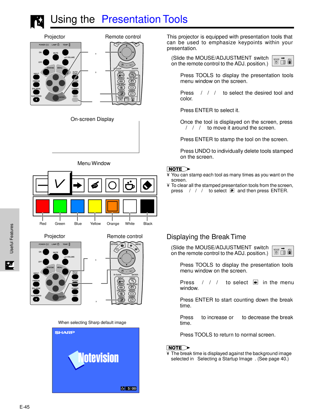 Sharp XG-C40XU operation manual Displaying the Break Time, Projector Remote control On-screen Display Menu Window 