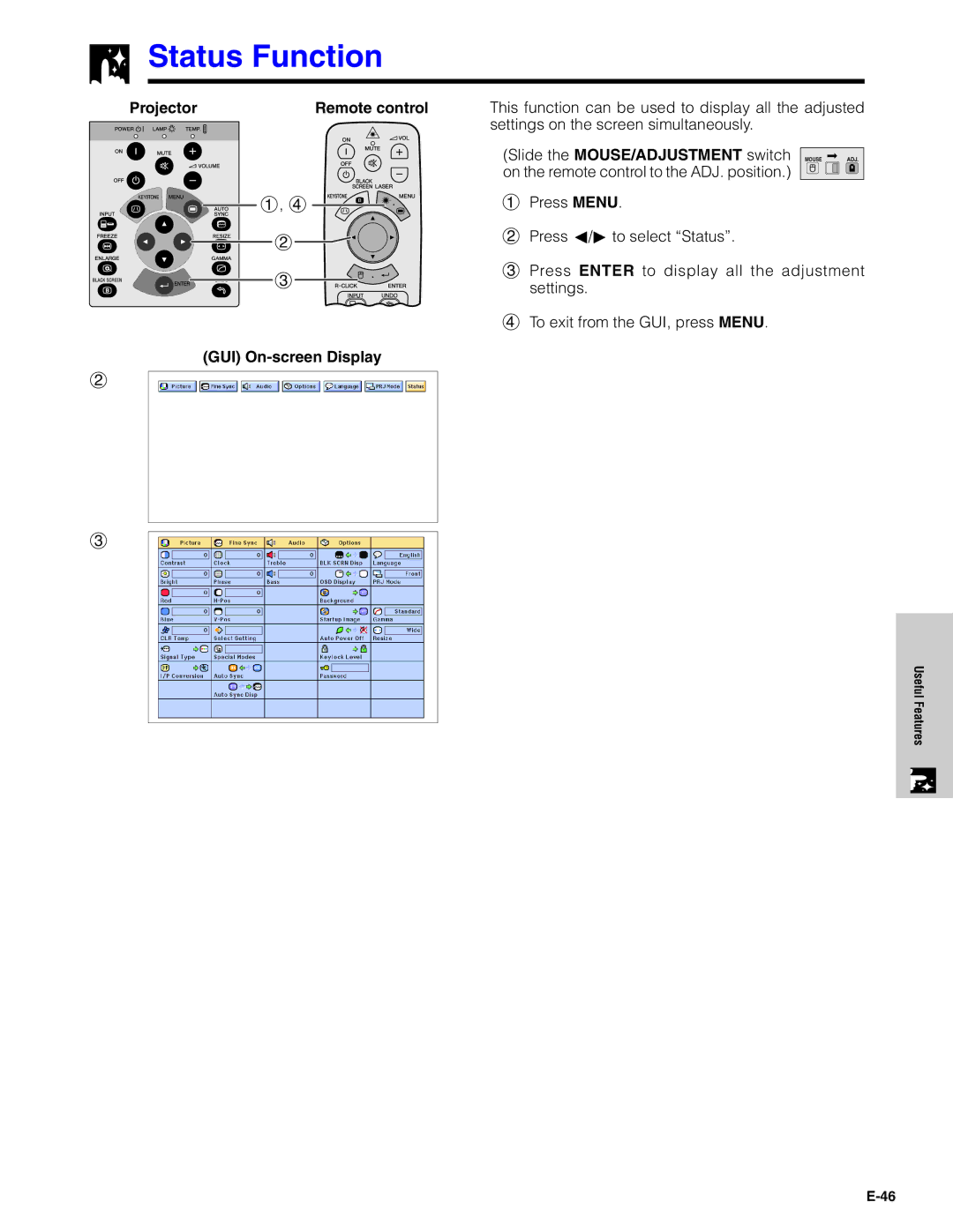 Sharp XG-C40XU operation manual Status Function 