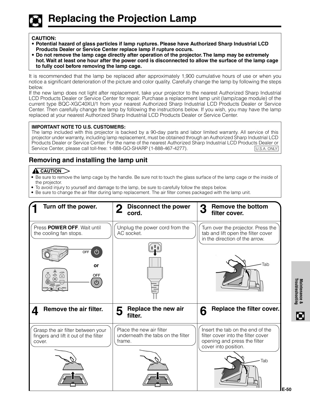 Sharp XG-C40XU operation manual Replacing the Projection Lamp, Removing and installing the lamp unit 