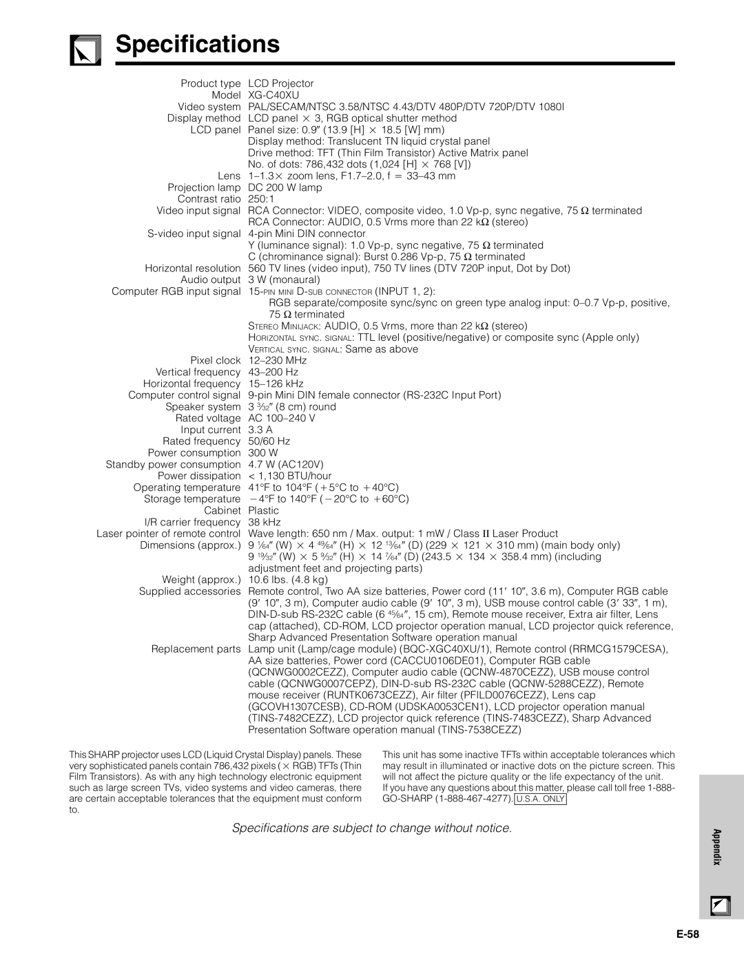 Sharp XG-C40XU operation manual Specifications 