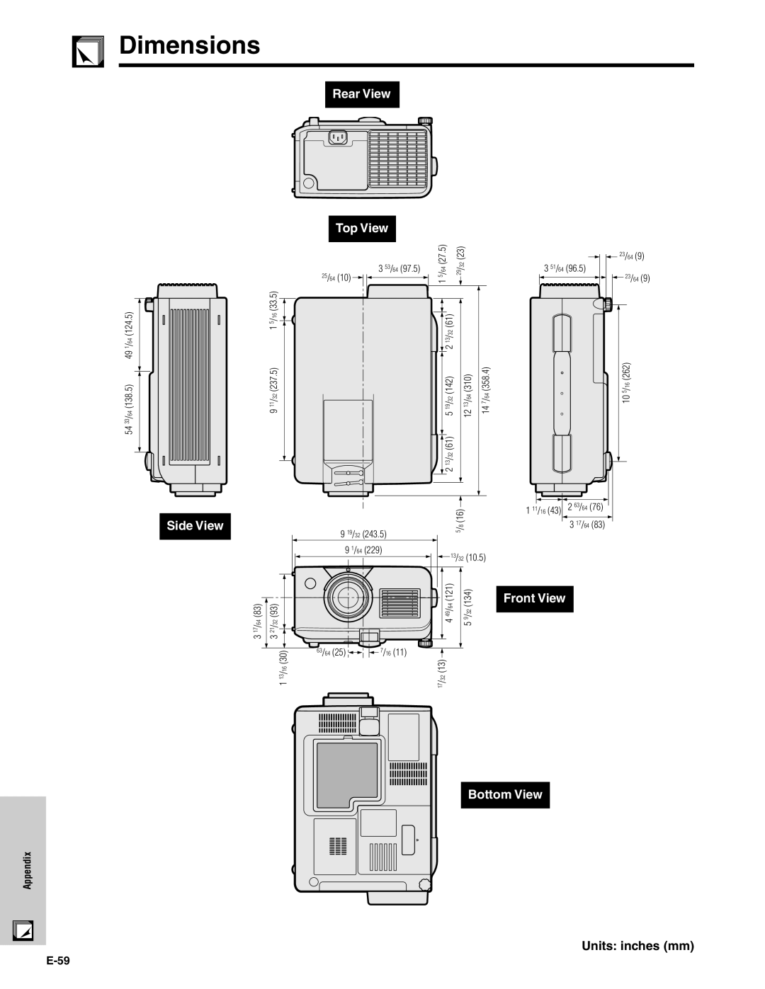 Sharp XG-C40XU operation manual Dimensions, Units inches mm 