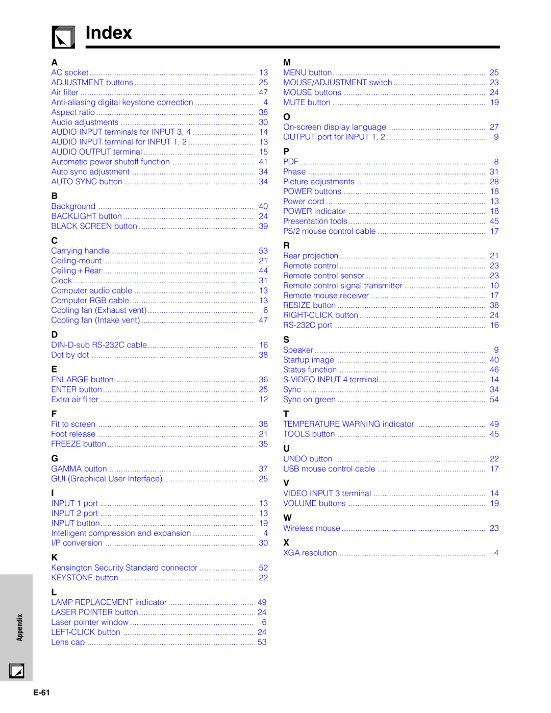 Sharp XG-C40XU operation manual Index 