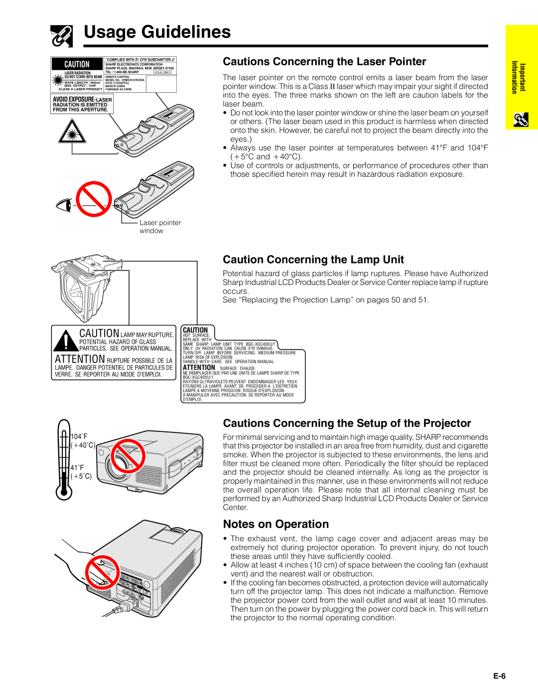 Sharp XG-C40XU operation manual Usage Guidelines, Laser Radiation 