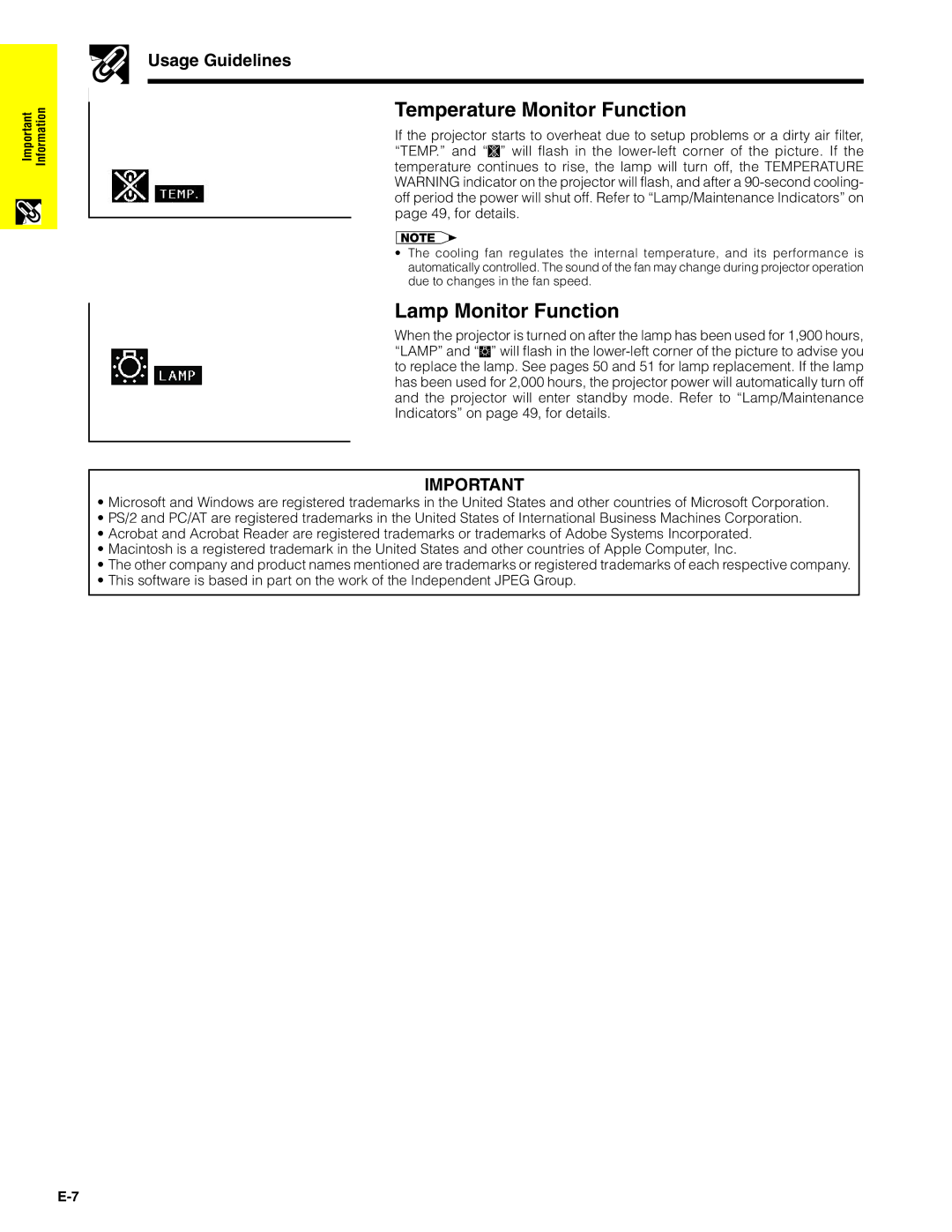 Sharp XG-C40XU operation manual Temperature Monitor Function, Lamp Monitor Function, Usage Guidelines 