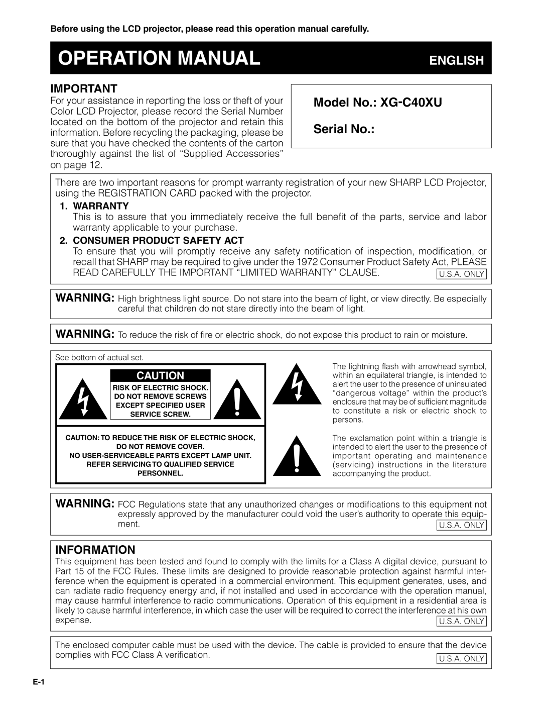 Sharp Information, Operation Manual, English, Model No. XG-C40XU Serial No, Warranty, Consumer Product Safety Act 
