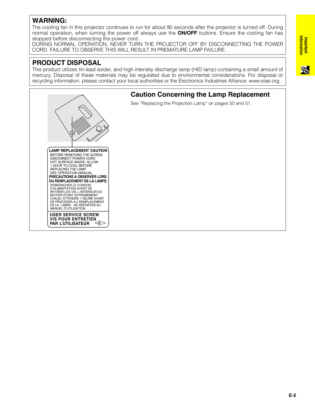 Sharp XG-C40XU operation manual Product Disposal, Caution Concerning the Lamp Replacement 