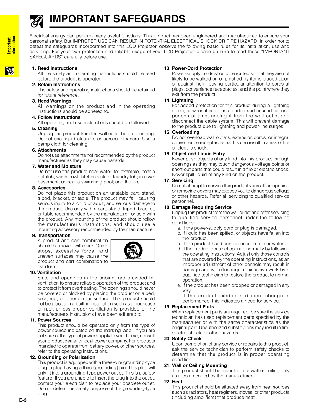 Sharp XG-C40XU operation manual Important Safeguards 