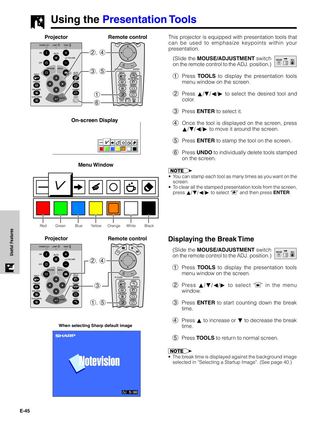 Sharp XG-C40XU operation manual Using the Presentation Tools, Displaying the Break Time, Projector, Remote control 