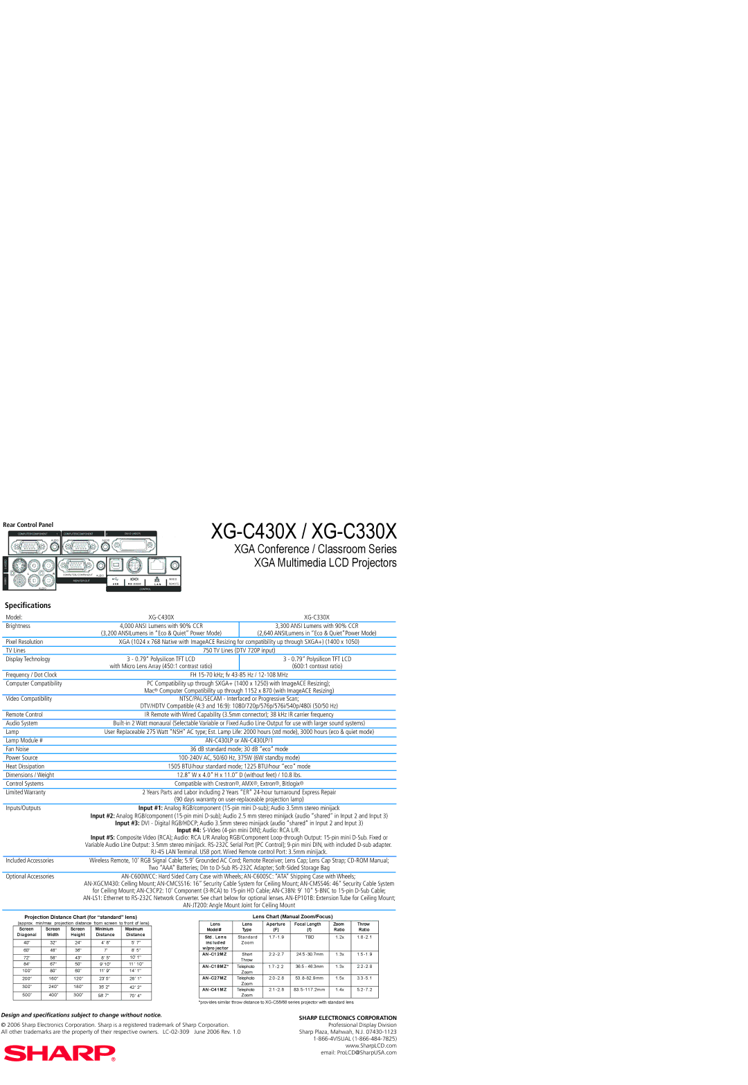 Sharp XG-C430X Model, Brightness, Pixel Resolution, TV Lines, Display Technology, Frequency / Dot Clock, Remote Control 